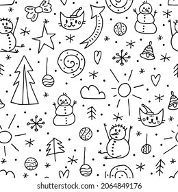 Seamless pattern of doodle elements. Winter 2022. Hand-drawn winter objects on a white background.