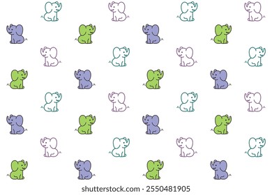 Seamless pattern with doodle elephant drawing and outline in black blue and dark purple on white background. Vector illustration. For child baby shirt textile wallpaper cover decoration