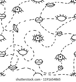 Seamless pattern of doodle eyes and lips on a white background with a black dotted line.