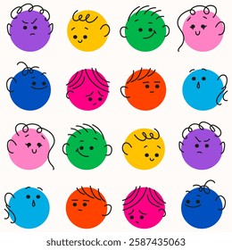Seamless pattern with doodle face set. Diferrent funny faces sticker. Modern isolated vector illustration.