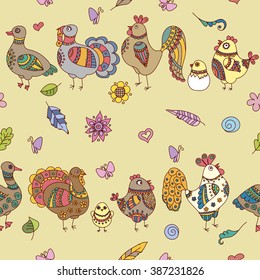 Seamless pattern with doodle farm birds