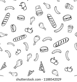 Seamless pattern with doodle fast food. Sketch elements background. Black and white Vector illustration. Street Food Pattern.