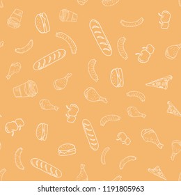 Seamless pattern with doodle fast food. Sketch elements background. Vector illustration. Street Food Pattern.