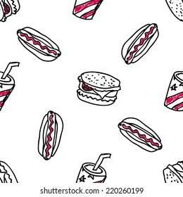 Seamless pattern with doodle fast food on white background