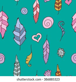 Seamless pattern with doodle feathers