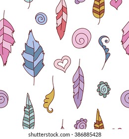 Seamless pattern with doodle feathers
