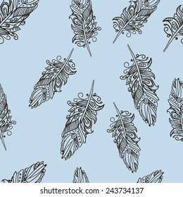 Seamless pattern with Doodle feathers for your design