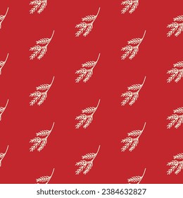 Seamless pattern of doodle fir branches on isolated red background. Holiday design for Christmas home decor, holiday greetings, Christmas and New Year celebration. 