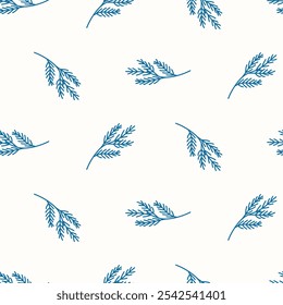 Seamless pattern of doodle fir branches on isolatedbackground. Holiday design for Christmas home decor, holiday greetings, Christmas and New Year celebration. 