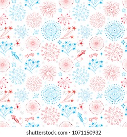 Seamless pattern with doodle fireworks in American flag colors