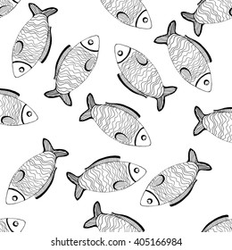 Seamless pattern with doodle fish sketch on white background. Vector illustration