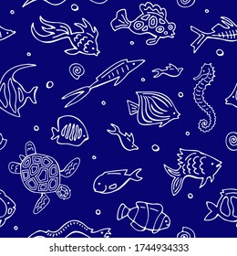 Seamless pattern with doodle fishes on a blue background. Vector set. Hand drawing.