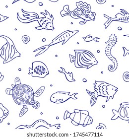 Seamless pattern with doodle fishes on a white background. Vector set. Hand drawing.