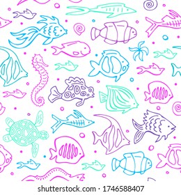 Seamless pattern with doodle fishes on a white background. Vector set. Hand drawing.