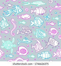 Seamless pattern with doodle fishes on a gray background. Vector set. Hand drawing.