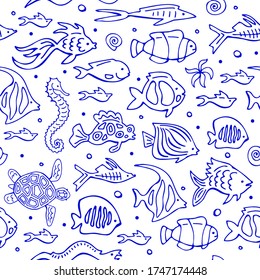 Seamless pattern with doodle fishes on a white background. Vector set. Hand drawing.