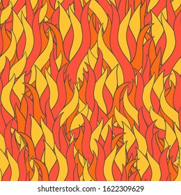 Seamless pattern with doodle flame. Pattern with red and yellow fire.