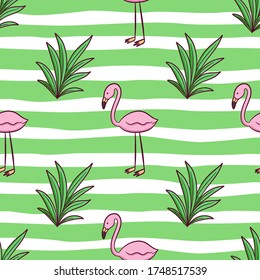 seamless pattern of doodle flamingo and grass for summer concept