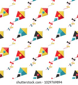 Seamless pattern of doodle flat style kites hovering in the sky. Vector illustration. Geometry style.