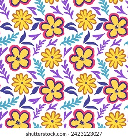 Seamless pattern with doodle floral elements. Vector illustration.