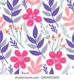 Seamless pattern with doodle floral elements. Vector illustration.