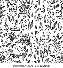 Flor de doodle sin foco Delfinio. Hand Drawn floral ingenuo. Fondo de superficie vectorial para tela, textil, papel tapiz