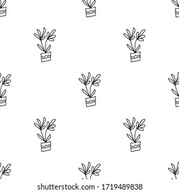 Seamless pattern with doodle flowerpots. Isolated on white background. Vector stock illustration.