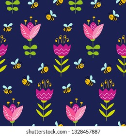 Seamless pattern with doodle flowers and bees. Colorful vector pattern in flat style can be used for wrapping paper, spring holidays background