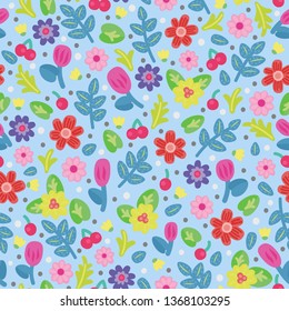Seamless pattern with doodle flowers and berries. Perfect for kid product, fashion, fabric, textile, print, wallpaper and web design. Vector illustration