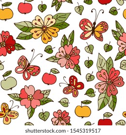 Seamless pattern with doodle flowers, butterflies and apples on white background. Cute summer design for fabric, textile, wrapping paper.
