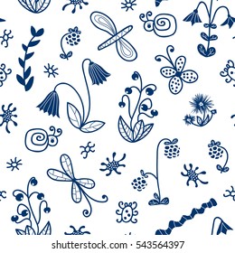 Seamless pattern of doodle flowers, butterflies, crawlies and bugs. All over design of hand drawn motifs for fabric prints, gift wrap, wallpapers, floral backgrounds and scrapbooking.
