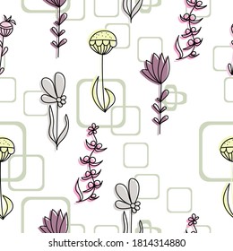 Patrón sin foco con flores de doodle y elementos florales de delicados tonos dispuestos caóticamente, combinados con cuadrados redondeados grises sobre un fondo blanco, ilustración vectorial para el diseño