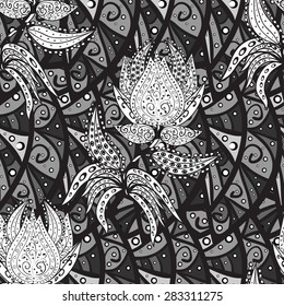 Seamless pattern from doodle flowers in grey white black colors for advertising or template for different things