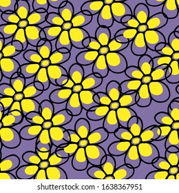 Seamless pattern with doodle flowers hand-drawn on a colored background for cards, festive decoration, textiles.