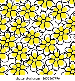 Seamless pattern with doodle flowers hand-drawn on a white background for cards, festive decoration, textiles.