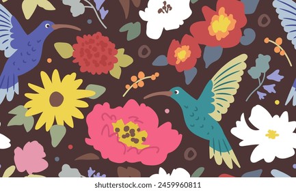 Seamless pattern with doodle flowers and hummingbird on black background. Repeat flat floral wallpaper, wrapping paper, textile design. Vector illustration