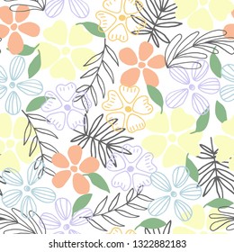 Seamless pattern with doodle flowers and leaves in pastel colors. Vetor illustration.