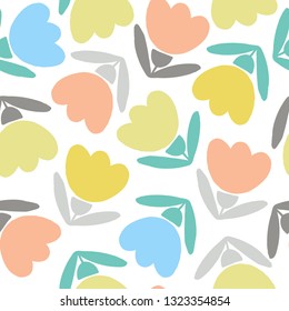 Seamless pattern with doodle flowers and leaves in childish style. Vetor illustration.