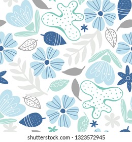 Seamless pattern with doodle flowers and leaves in blue and green colors on a white background. Vetor illustration.