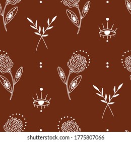 Seamless pattern with doodle flowers, leaves, eyes, dots. Vector magic texture. Boho floral abstract background with plants. Hand drawn outline mystic texture for fabric, textile, paper. Line art 