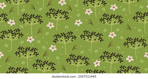 Patrón sin fisuras con flores y hojas de Doodle sobre un fondo verde. Fondo de prado con flores naturales perfecto para impresión, moda, cubiertas, cuadernos