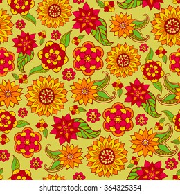 Seamless pattern with doodle flowers and leaves.