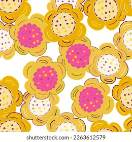 Seamless pattern with doodle flowers. Naive art. Design for fabric, textile print, wrapping paper, cover, poster. Vector illustration