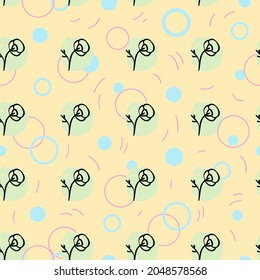 Seamless pattern of doodle flowers on multicolored spots. Vector. For digital and typographic design, fabric and paper. Scrapbooking design, wallpapers, greeting cards, packaging, accessories.