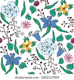 Seamless pattern with doodle flowers on a white background. Floral texture, botanical ornament with leaves. Vector
