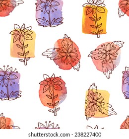 seamless pattern with doodle flowers on watercolor background