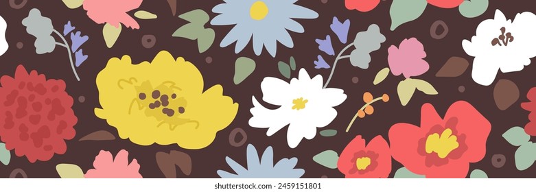 Seamless pattern with doodle flowers on black background. Repeat cartoon floral wallpaper, textile, fabric, wrapping paper design template. Vector illustration