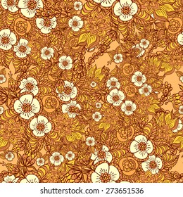 Seamless pattern with doodle flowers in orange  for decorate different  things