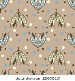 Seamless pattern with doodle flowers pastel color on brown background. . Vector illustration