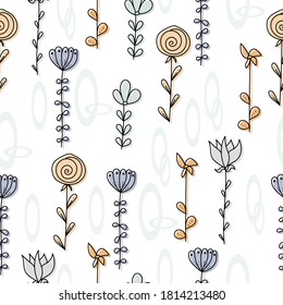 Seamless pattern with doodle flowers with petals and leaves of various shapes and with colored prints of orange and blue and gentle blue ovals, vector illustration for design and creativity
